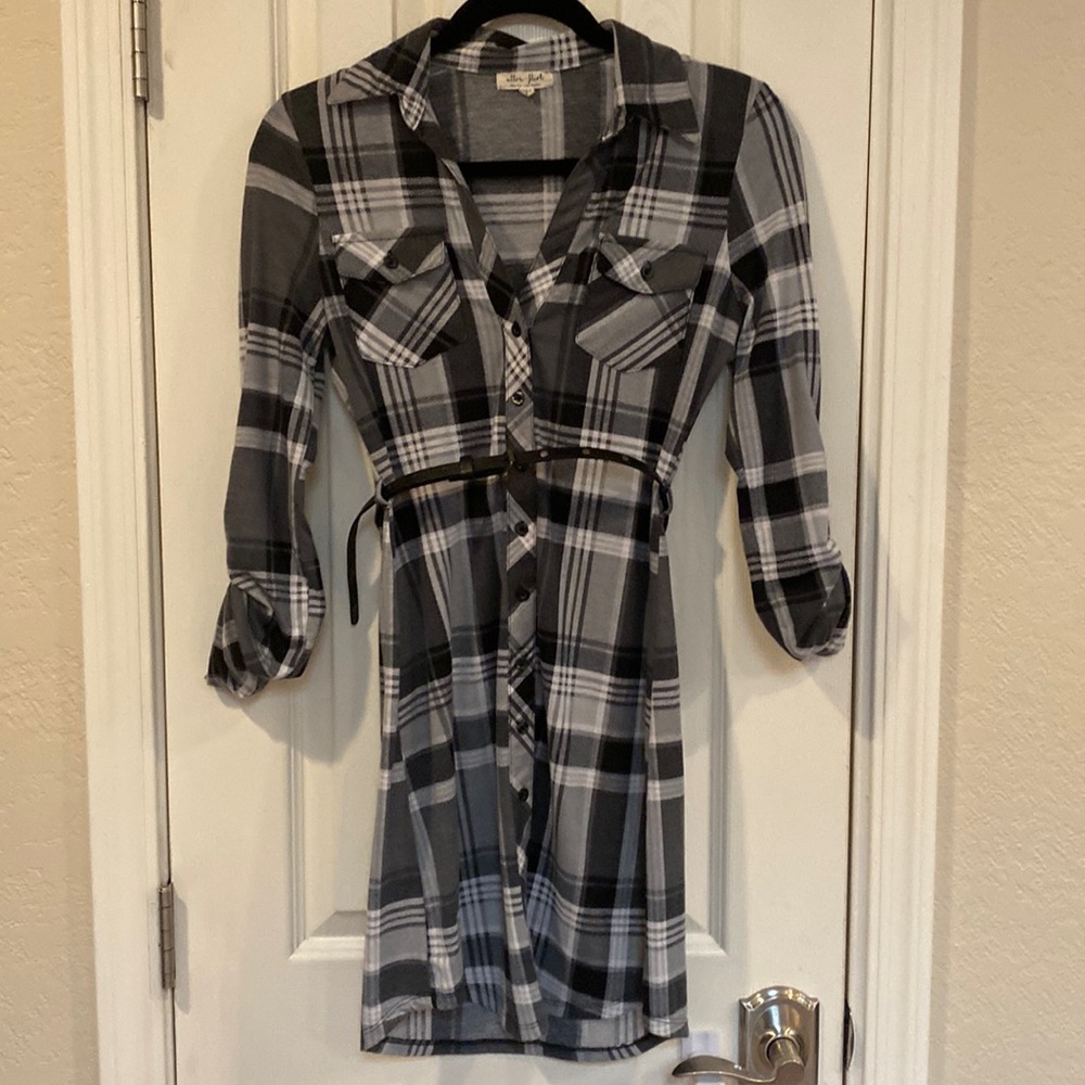 Black grey and white checkered dress with belt